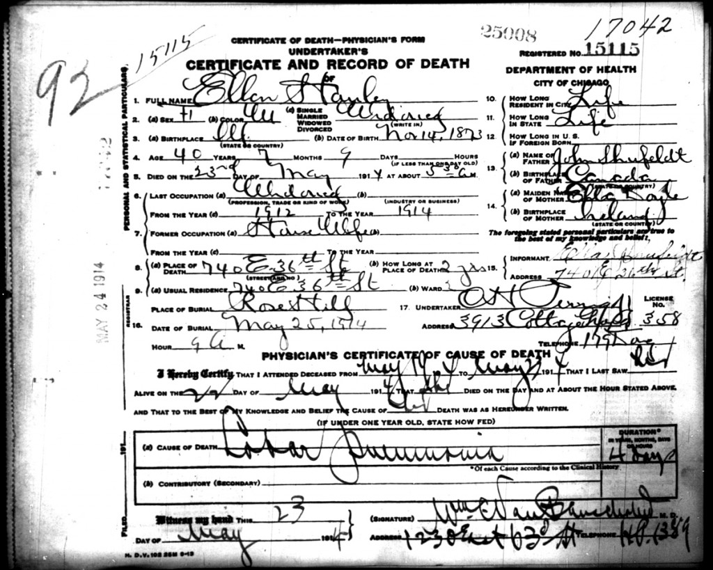 Helen Hawley's 1914 Death Certificate